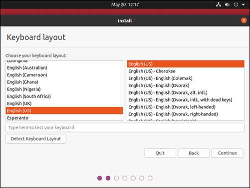 Choose keyboard layout for Ubuntu 20.04.
